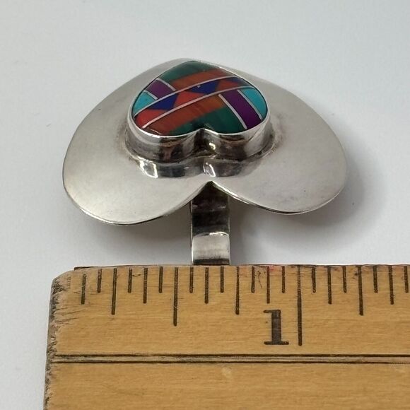 Native American Multi-Stone Inlay Sterling Silver Heart Pendant/Pin Vidal Chavez - Picture 7 of 9